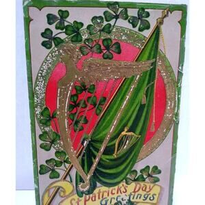 St Patrick's Day Postcard Irish Greetings Harp Flag Clover Gel Coat Flaking 1910